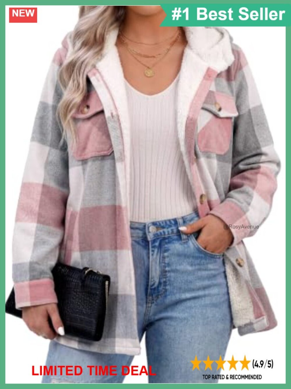 Women's Plus Size Plaid Shacket Fleece Hooded Warm Coat Button Down